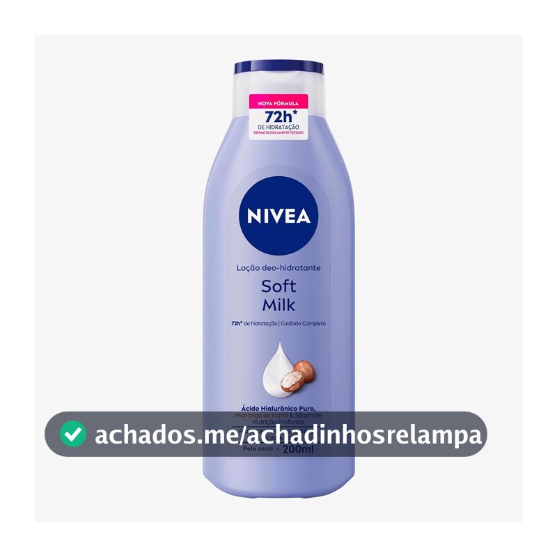 NIVEA Loção Deo-Hidratante Soft Milk 200ml, Hidratação Profunda 72h, Hialurônico Puro, Corporal, Pele Seca