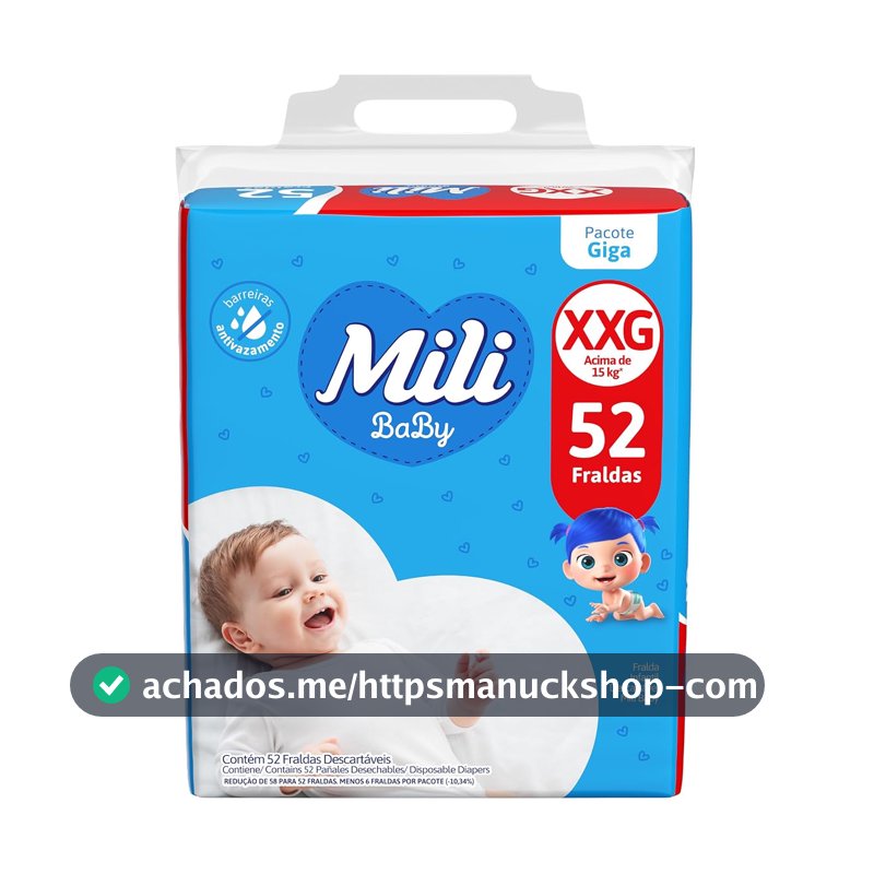 Mili Fralda Infantil Baby Tamanho XXG, Proteção Diária, Ajuste Confortável, Barreiras Antivazamento, 52 Unidades