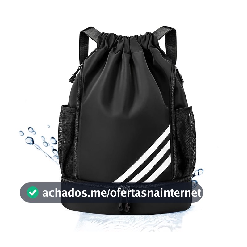Mochila Esportiva com Cordão, Separação seca e húmida, Mochila de grande capacidade para viagens de lazer, Bolsos Laterais em Malha, Preto com Listras