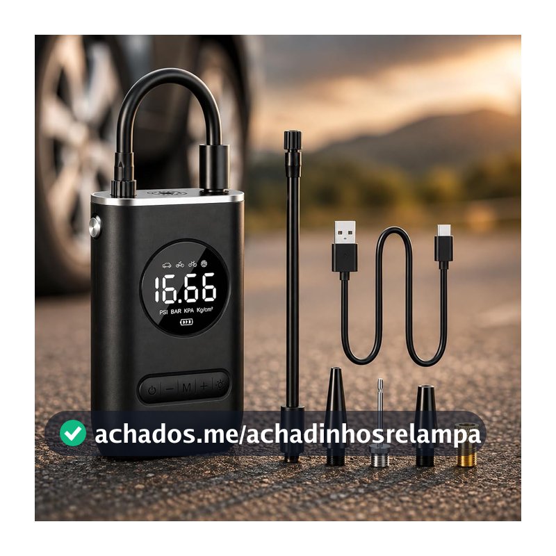 Compressor de Ar Portátil Digital com Display LCD e Lanterna LED – Mini Bomba Elétrica Recarregável para Pneus de Carro, Moto, Bike, Bola e Infláveis