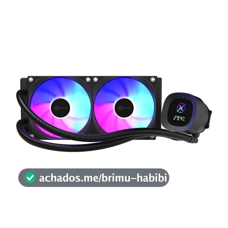 Water Cooler Kalkan Aura Digital 240mm Preto ARGB Display LCD para Monitoramento Bomba 2900 RPM Fans 120mm 71.4 CFM 2.25 mmH2O AMD AM5 Intel LGA1851 KLK00100