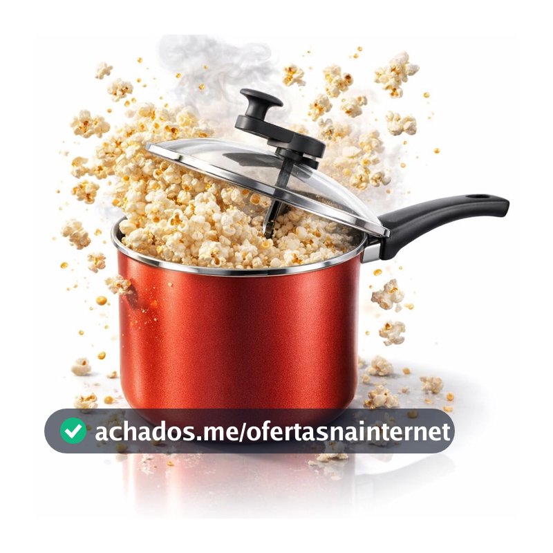 Pipoqueira Antiaderente 3,6 Litros Panela De Pipoca 20cm Alumínio Com Tampa de Vidro e Saída de Vapor para Fogão a Gás e Elétrico Modelo Grande