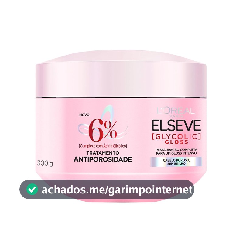 L'Oréal Paris Elseve Glycolic Gloss Máscara Capilar Antiporosidade, com Ácido Glicólico, Sela a Cutícula, Garante 3X Mais Brilho Espelhado e Maciez Intensa, 300g