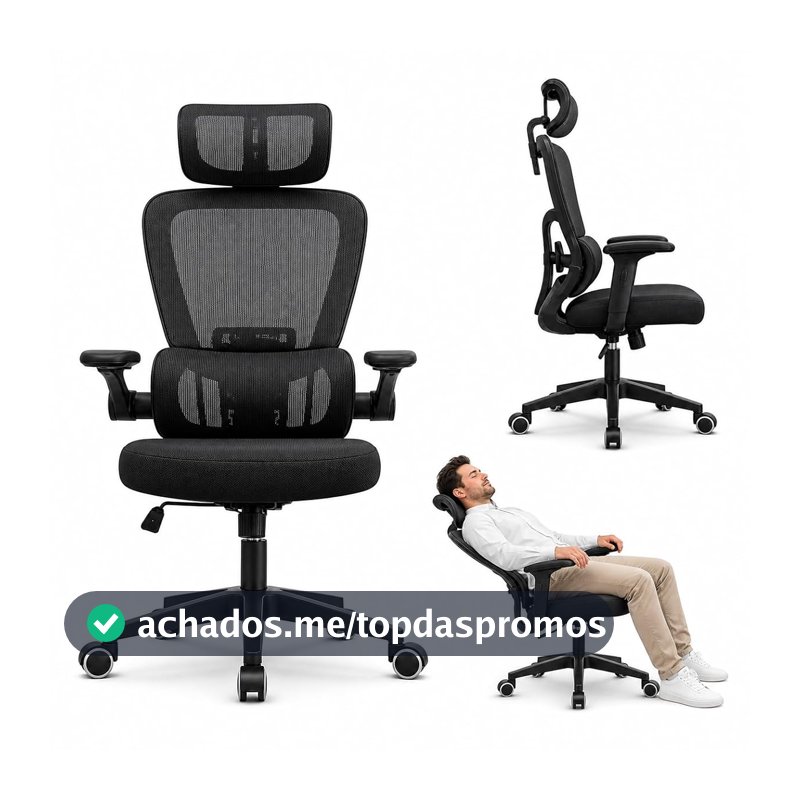 ITS Imports Cadeira de Escritório Presidente Ergonômica Preta Encosto Mesh Reclinável 135 Graus Cadeira Giratória com Apoio de Cabeça Braços Ajustáveis Suporte Lombar Alta Densidade Confortável