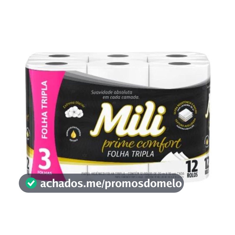 Mili Papel Higiênico Folha Tripla Prime Comfort, Picotado e Texturizado, 12 Rolos de 20 metros