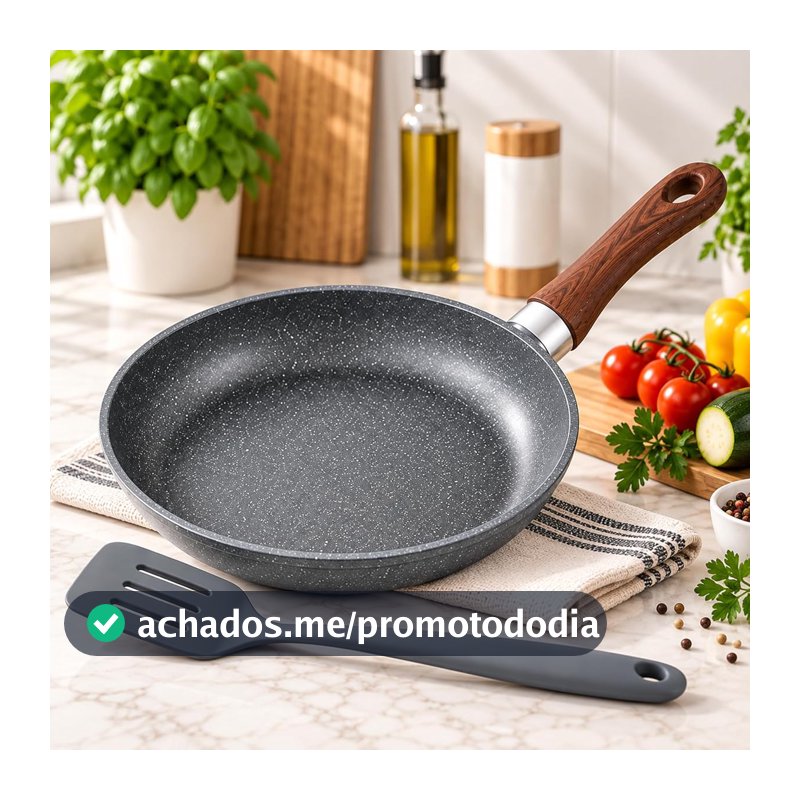 Frigideira Grande Cerâmica para Indução Cabo Madeira + Espátula de Silicone