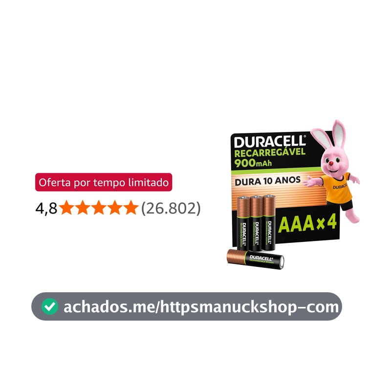 Duracell Pilha Recarregável AAA 900mAh Palito Com 4 Unidades – Ideal para Câmeras Digitais e Dispositivos de Alto Consumo