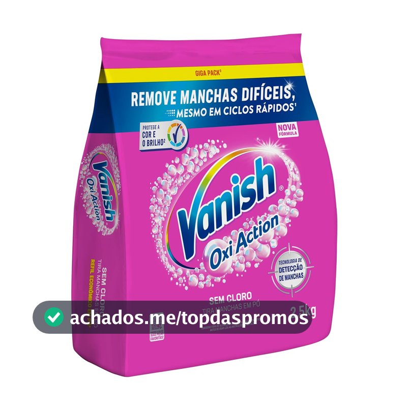 Tira Manchas em Pó Vanish Oxi Action Pink Refil 2,5kg para Roupas Coloridas, Sem Cloro, com Percarbonato, Remove Manchas Difíceis, Preserva as Cores e Deixa as Roupas Como Novas
