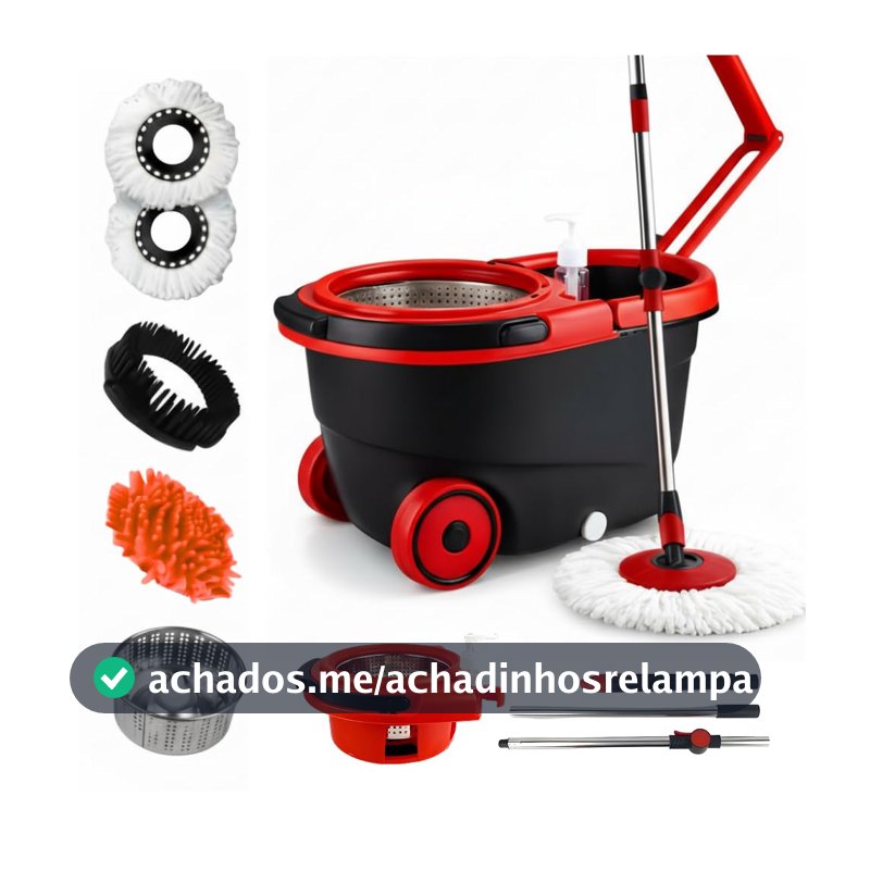 Mop Giratório 3 em 1 Cesto em Inox 16 Litros Esfregão para Limpeza Lava e Seca com 2 Microfibra Centrifuga 360 Premium