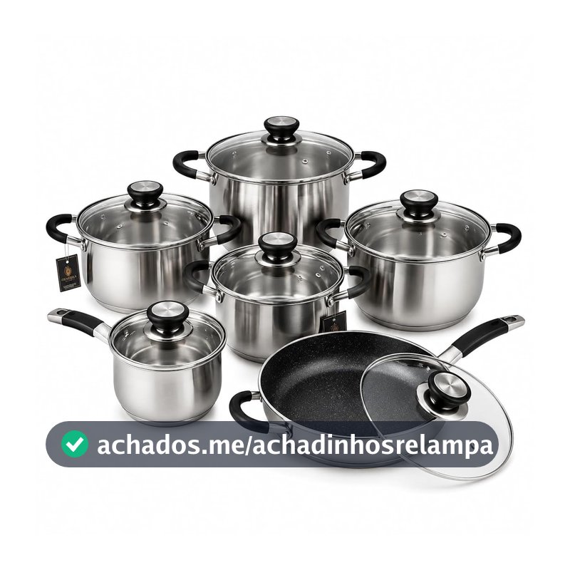 Jogo de Panelas Inox 12 Peças Fundo Triplo Compatível Indução Frigideira Cerâmica Kit Completo Premium