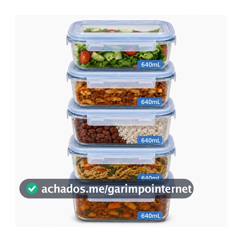 Kit 5 Potes de Vidro Borossilicato 640ml Herméticos com 4 Travas Ideal para Marmitas e Conservação de Alimentos, Vedação Total, Refratário para Forno e Freezer