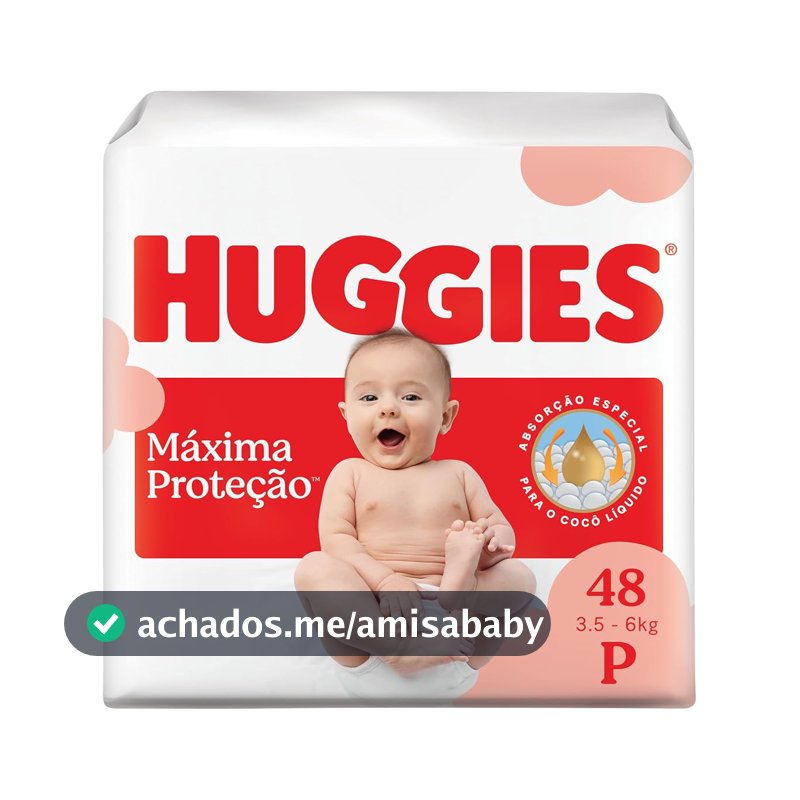 Fralda Descartável Huggies Máxima Proteção Tamanho P 48 unidades – com absorção especial para cocô líquido e indicador de troca.