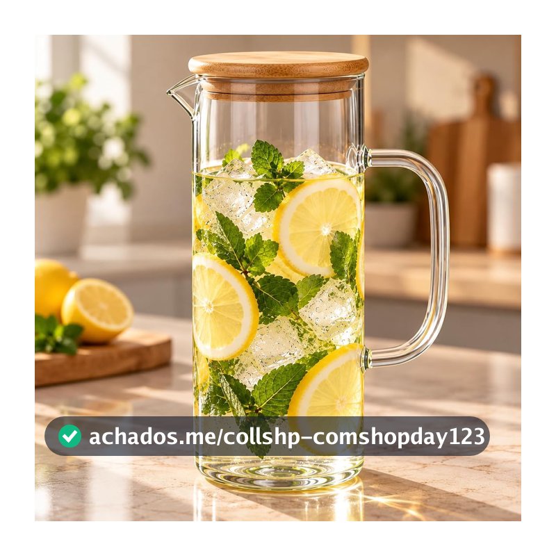 Jarra de Vidro Borossilicato 1,2L com Tampa de Bambu e Vedação de Silicone para Água, Suco, Chá e Drinks