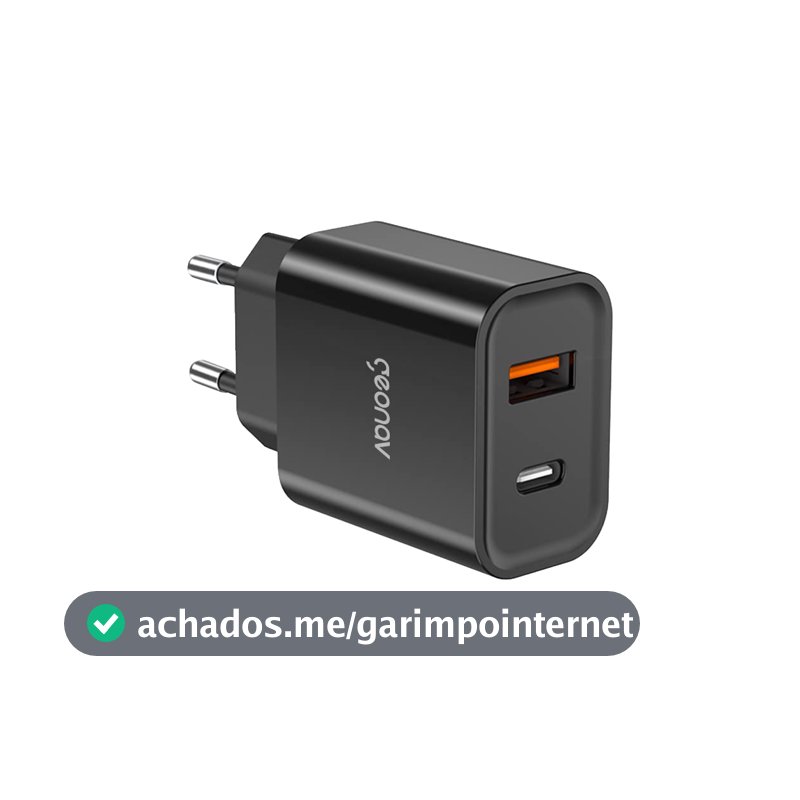 Geonav Carregador Universal Ultra Rápido Duo, 1 X USB-C Power Delivery 20W, 1 X USB Quick Charge 18W, CH20PDQCBK, Preto