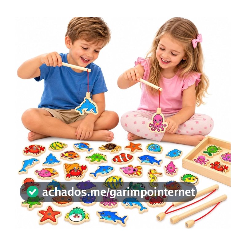 Pescaria Magnética de Madeira Infantil Educativa Montessori 30 peixinhoseixinhos Coloridos com 2 Varas Brinquedo Educativo