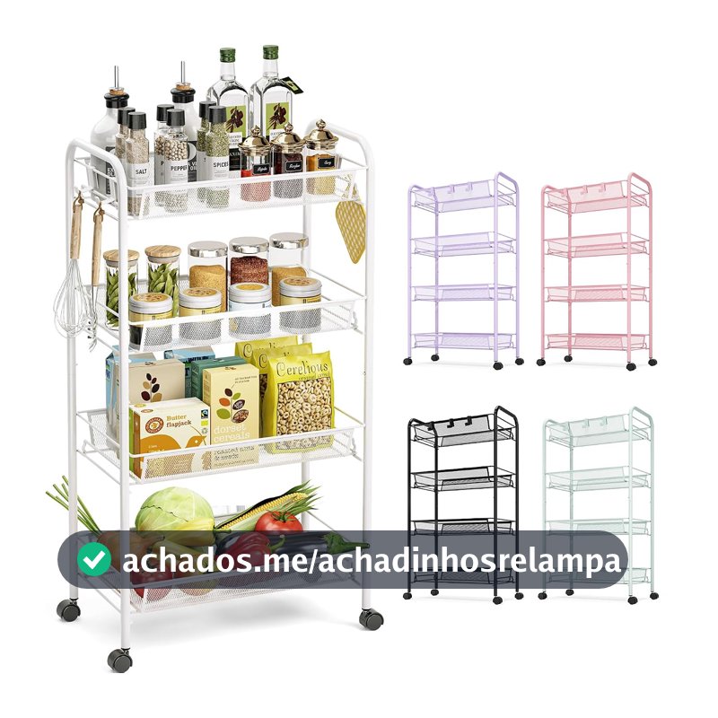 TOOLF Carrinho Utilitário de Metal de 4 Camadas com Rodas, Prateleiras Deslizantes, Ganchos Laterais, Ideal para Cozinha, Banheiro, Lavanderia, Branco
