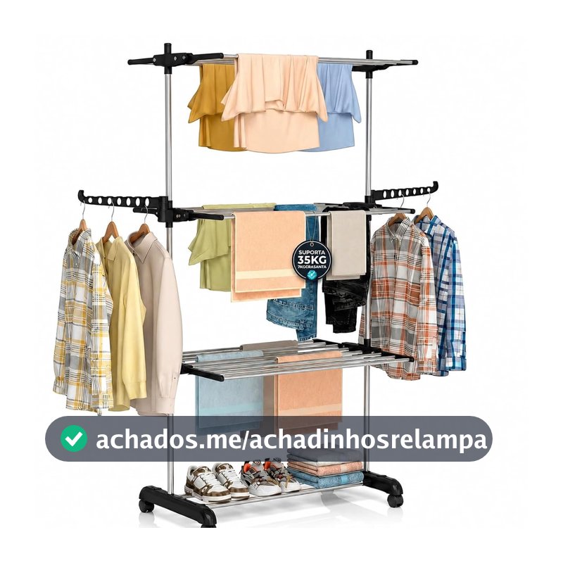 Varal de Chão 3 Andares Dobrável, Aço, Preto