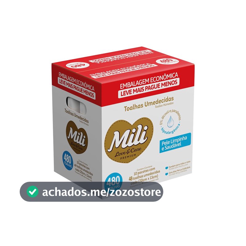 Mili Toalhas Umedecidas Love & Care Premium, Uso Bebê, Aloe Vera e Calêndula, Pack com 10 Pacotes (48 Unidades cada)