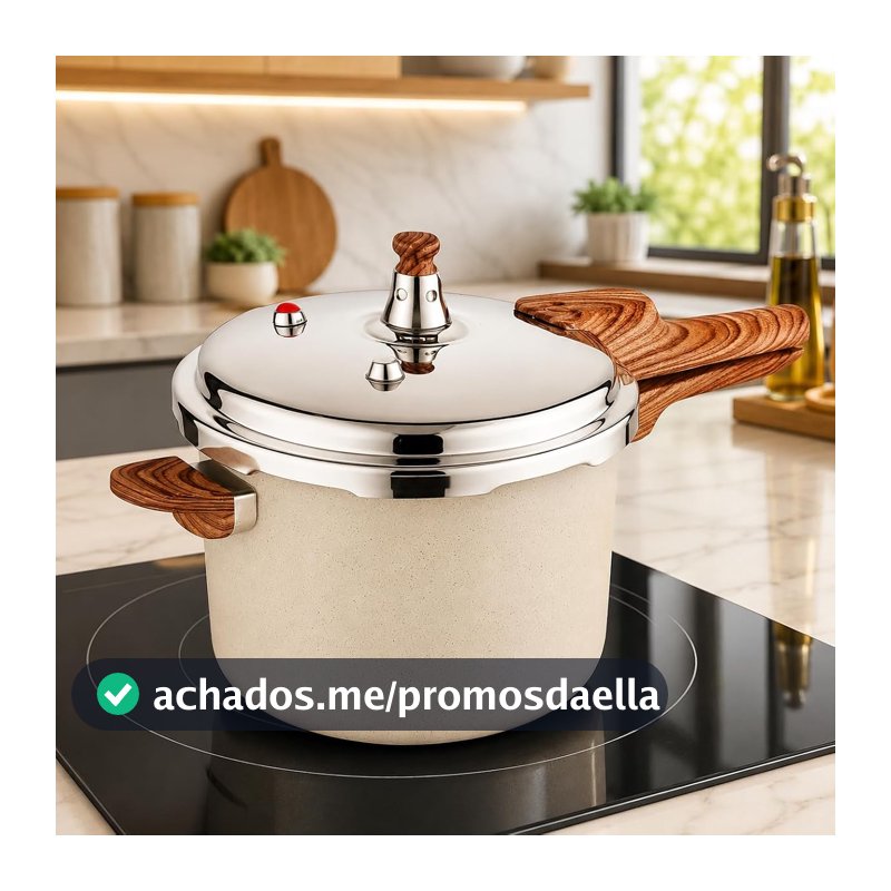 Panela de Pressão 4,2L com Revestimento Cerâmico Antiaderente, Fundo de Indução, Tampa em Aço Inox, Cabo Amadeirado e Sistema de Segurança