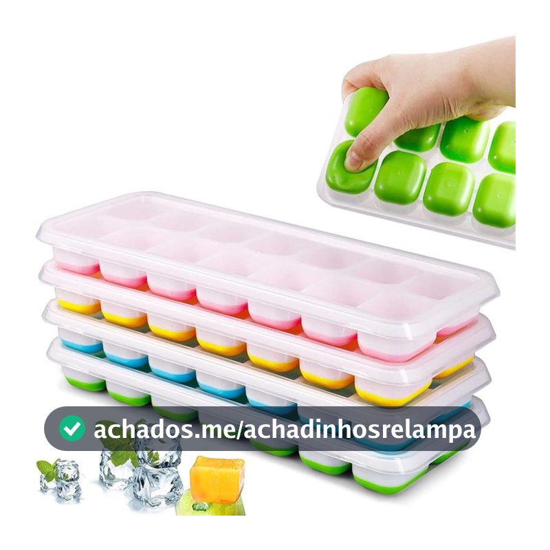 Kit 4 Unidades Forma Com Tampa Gelo Ice Flexivel Forminha Fundo Silicone 14 Cubos Alimentos Frutas Papinha
