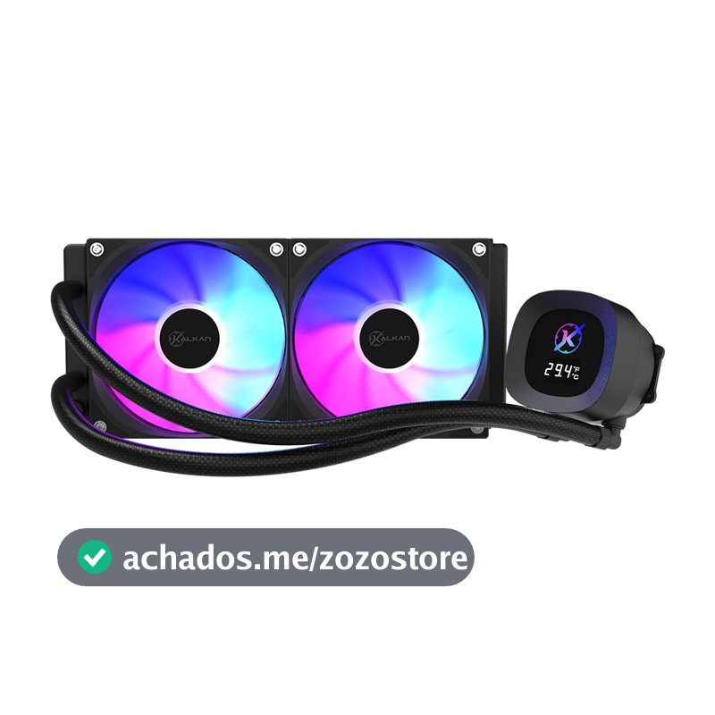 Water Cooler Kalkan Aura Digital 240mm Preto ARGB Display LCD para Monitoramento Bomba 2900 RPM Fans 120mm 71.4 CFM 2.25 mmH2O AMD AM5 Intel LGA1851 KLK00100