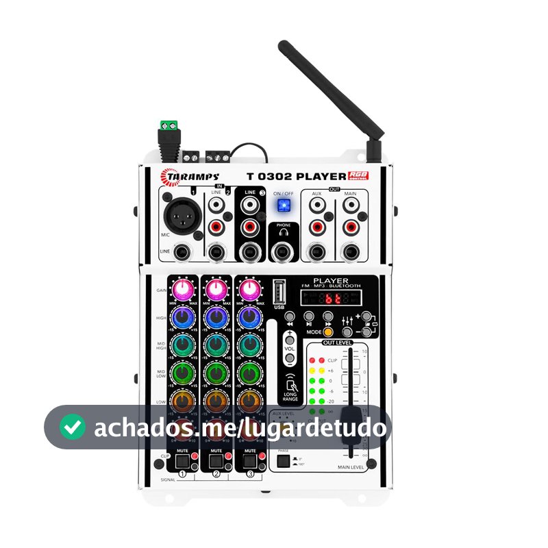 Mesa de Som Taramps T0302 Player, Bluetooth, Equalizador 4 Bandas, MP3, USB, FM, 12V, 3 Entradas, 2 Saídas, LED RGB