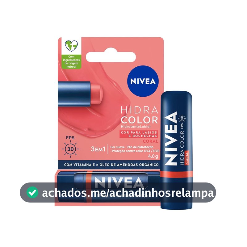 NIVEA Hidratante Labial Hidra Color 3 em 1 Coral 4,8g, Cor Intensa, Hidratação 24h, Proteção UVA/UVB, Lábios e Bochechas