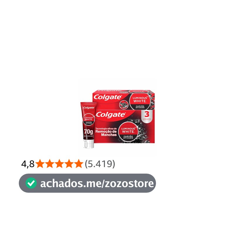Colgate Luminous White Carvão Ativado Creme Dental Clareador, 3x70g