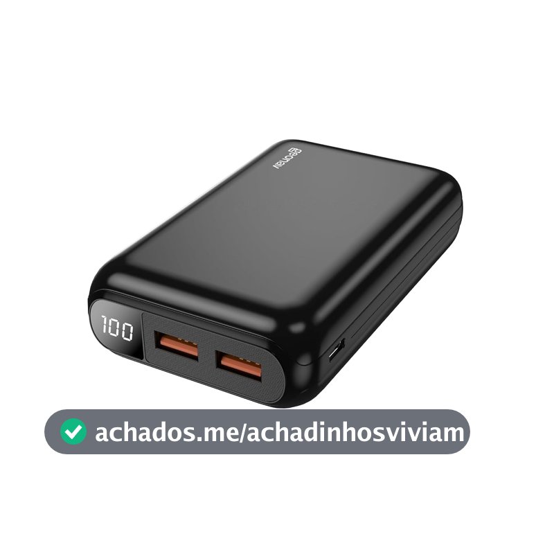 Geonav Power Bank Ultra Compacto com carregamento Rápido 1 porta USB-C (entrada/saída) de 20W de potência, 2 portas USB-A (Saída) de 18W de potência, PB20K20WBK Preto