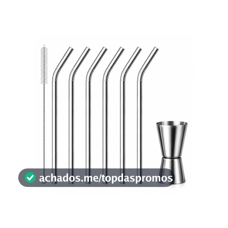 Kit 6 Canudos de Inox Curvados. 1 Escova de Limpeza E com Dosador de Coquetel