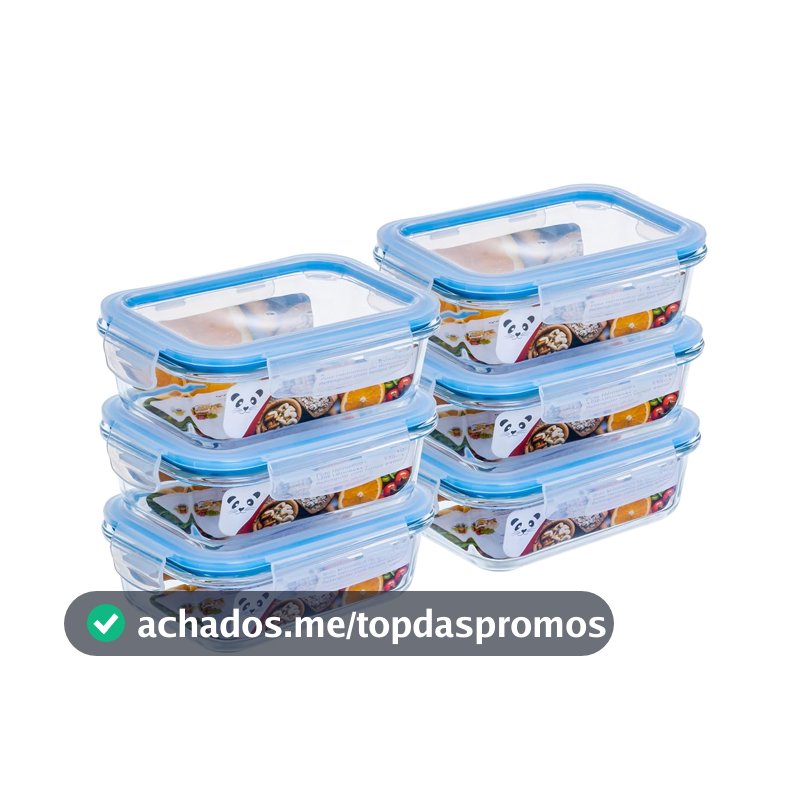 Kit com 6 Potes de Vidro Gato Panda, 640 ml, Retangular, com Tampa Hermética, Azul