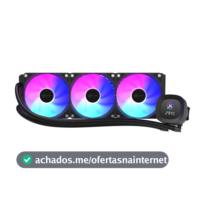 Water Cooler Kalkan Aura Digital 360mm Preto ARGB Display LCD para Monitoramento Bomba 2900 RPM Fans 120mm 71.4 CFM 2.25 mmH2O AMD AM5 Intel LGA1851 KLK00101