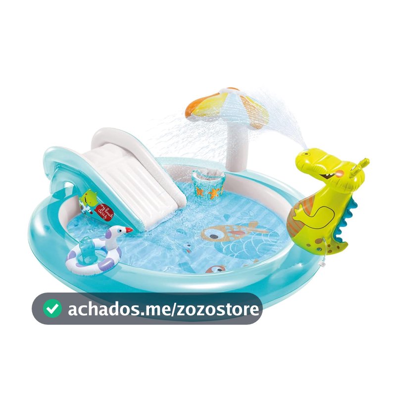 Intex Playground Inflável Jacaré Gator com Escorregador, Spray de Água, Sombra Cogumelo e Acessórios, 201x170x84 cm, 160L
