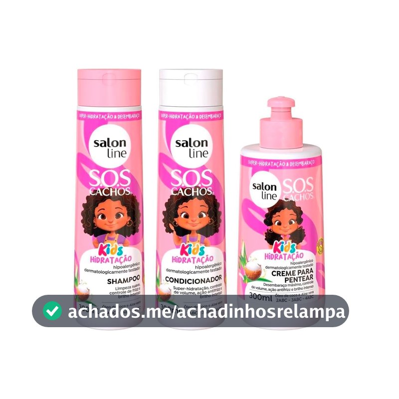 Salon Line, SOS Cachos, Kit Shampoo + Condicionador + Creme de Pentear, Kids Hidratação, Veganos - Para Cabelos Ondulados, Cacheados e Crespos, 300 ml