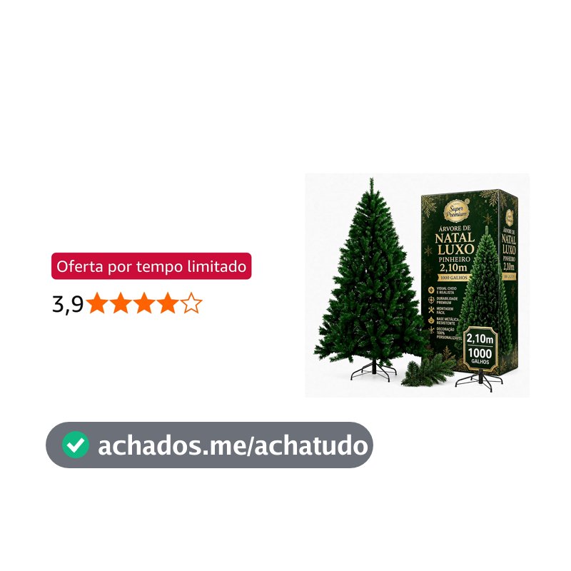 Árvore de Natal Tradicional Artificial Base Metálica, 2,10 m, 1000 Galhos
