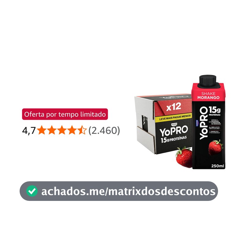 YoPRO Bebida Láctea UHT Morango – 15g de Proteínas, Líquido, Caixinha Tetra Pak 250ml (Pack com 12 unidades)
