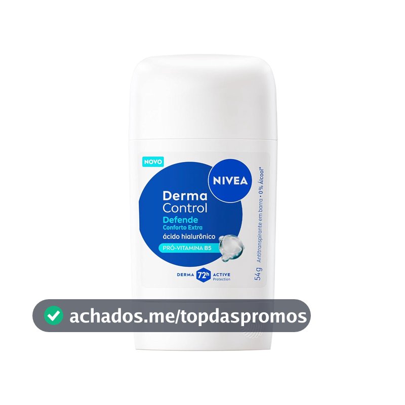NIVEA Desodorante Antitranspirante Stick Derma Control Defende 54g, Proteção 72h, Previne Irritações, Ácido Hialurônico, Conforto Extra