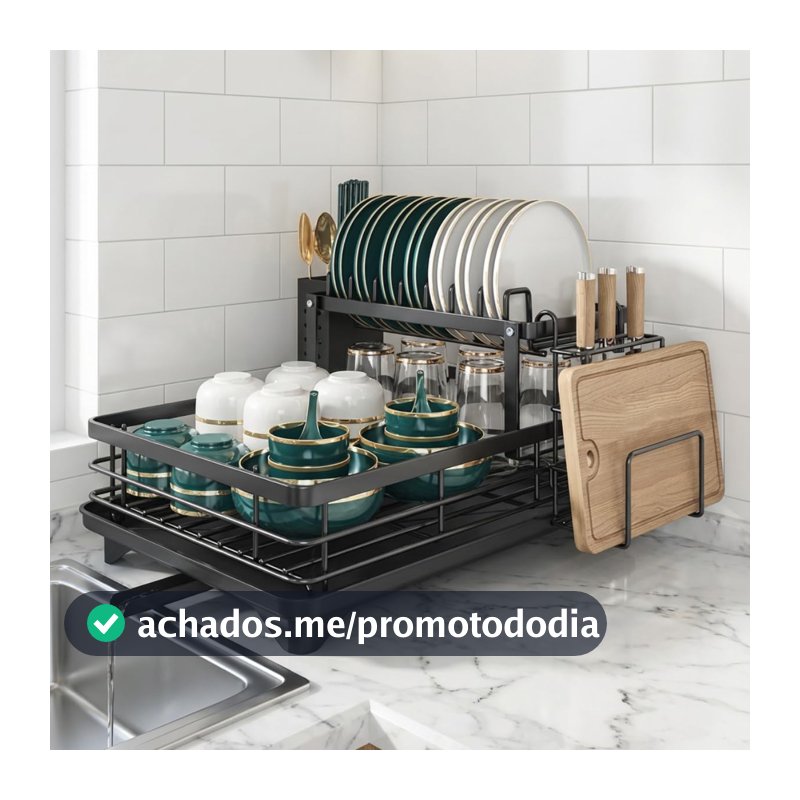 Escorredor de Louças 2 Andares Aço com Revestimento Inoxidavel com Porta Talher, Porta Tabua, Suporte Para Copos, Bandeja e Drenagem Automatica 360°, Preto - Hiper Casa Megastore