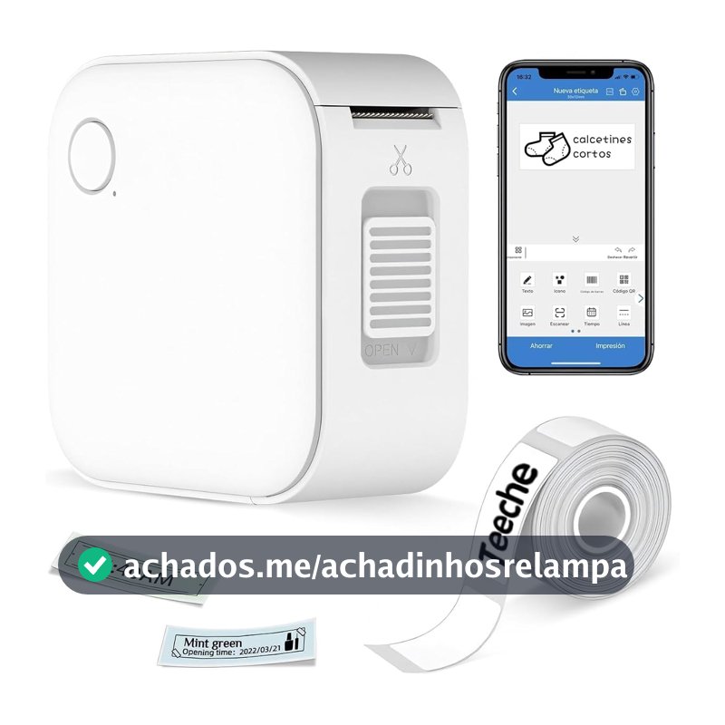 Impressora Térmica Portátil de Etiquetas, Bluetooth, 15mm Largura, Bateria 1000mAh com App e Rolo de Etiqueta, Branca (Impressora + Rolo de Papel)