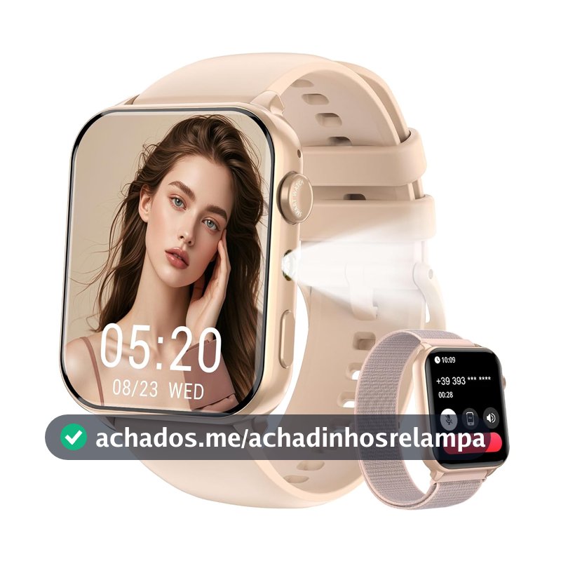 IOWODO Relógio Smartwatch Unissex 1.91" com Chamadas Bluetooth - Lanterna LED, 2 Pulseiras, 100+ Modos Esportivos, IP68 - iPhone/Android (Rosa)