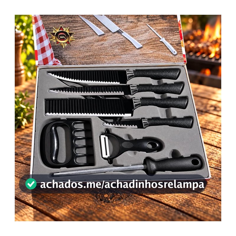 Kit de Churrasco com Maleta e Facas Profissionais 8 Peças Antiaderente