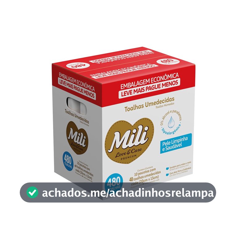 Mili Toalhas Umedecidas Love & Care Premium, Uso Bebê, Aloe Vera e Calêndula, Pack com 10 Pacotes (48 Unidades cada)