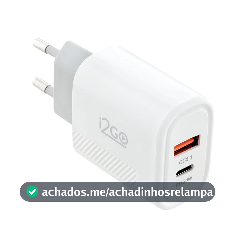 Carregador de Parede Ultra Rápido com 1 Saída USB-C Power Delivery 20W + 1 Saída USB-A 18W I2GO - i2GO PRO, Branco