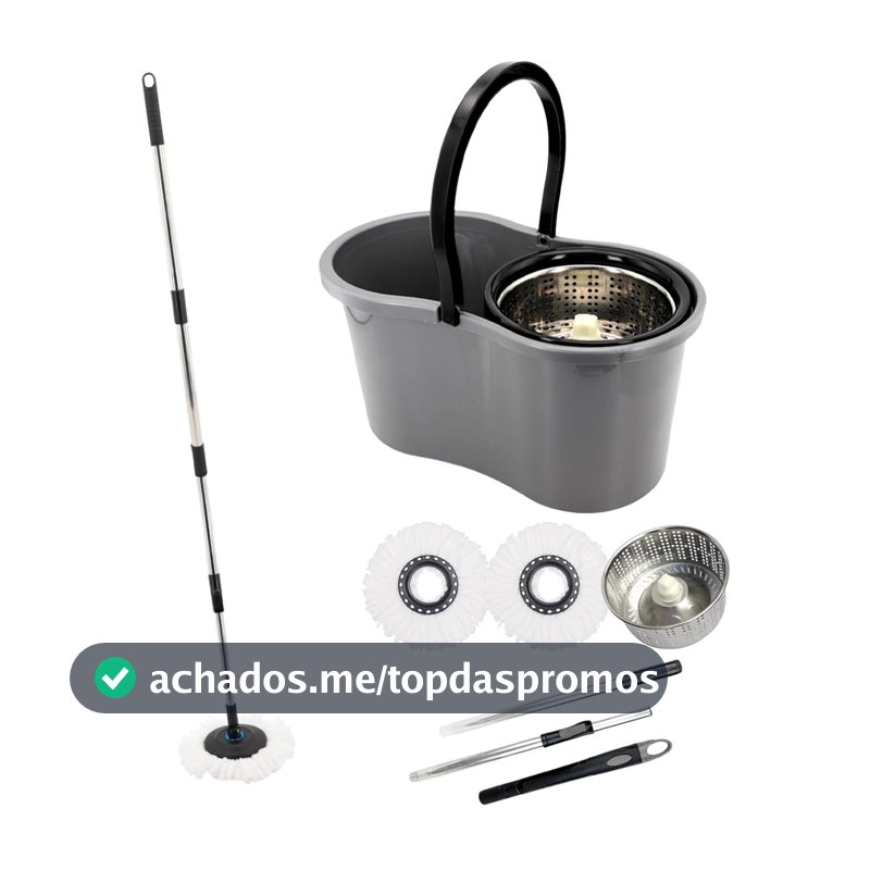 Mop com Balde Giratório Cesto em Inox, 9 Litros com 2 Refis de Microfibra