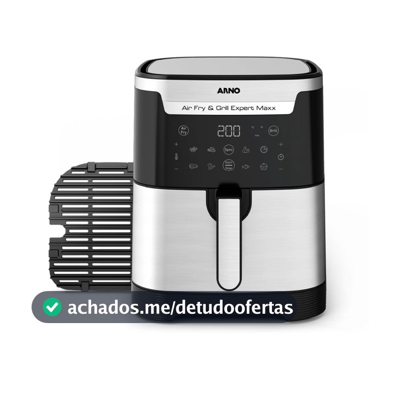 Fritadeira sem Óleo e Grill Arno Airfry & Grill Expert Maxx Digital 6,5L AFD6, 1680W, Inox e Preta, 8 Programas, Divisória e Função SYNC, 2 em 1 para Fritar e Grelhar, 110V
