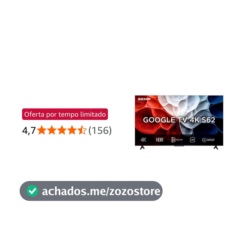 Smart TV Semp 43 Polegadas LED HVA 4K S62 WiFi Bluetooth Google TV 3 HDMI HDR10+ Dolby Audio 43S62