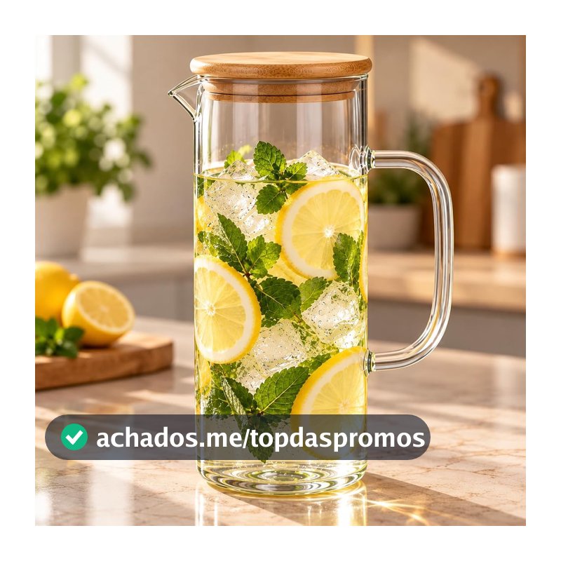 Jarra de Vidro Borossilicato 1,2L com Tampa de Bambu e Vedação de Silicone para Água, Suco, Chá e Drinks