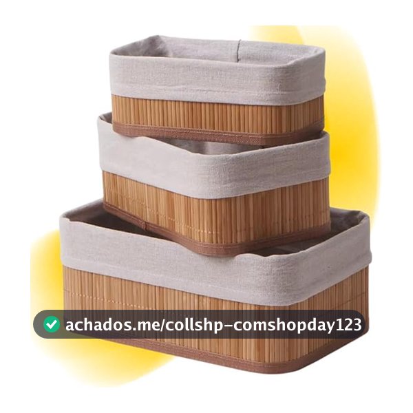 Conjunto de 3 Cestos Organizadores em Bambu com Forro, 33x23x12cm, 29x19x10cm, 25x15x8cm, Bege