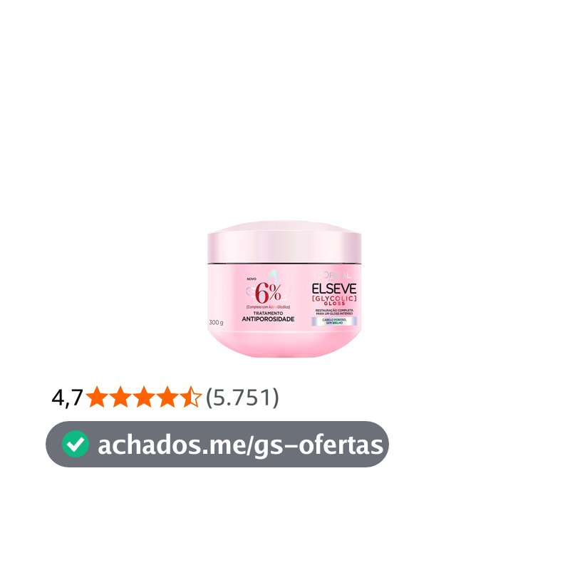 L'Oréal Paris Elseve Glycolic Gloss Máscara Capilar Antiporosidade, com Ácido Glicólico, Sela a Cutícula, Garante 3X Mais Brilho Espelhado e Maciez Intensa, 300g
