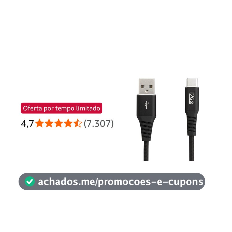 Cabo USB-C I2GO 2m 3A Nylon Trançado Preto - I2GO PRO